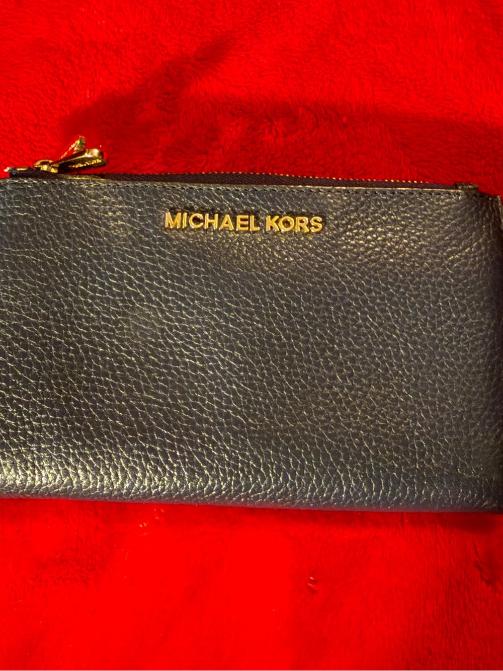 MICHAEL KORS Jet Set Navy Blue Pebbled Leather Double Zip Wallet